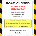 FLOYD EMA: PORTION OF ALABAMA HIGHWAY CLOSED MONDAY FOR RAILROAD REPAIR