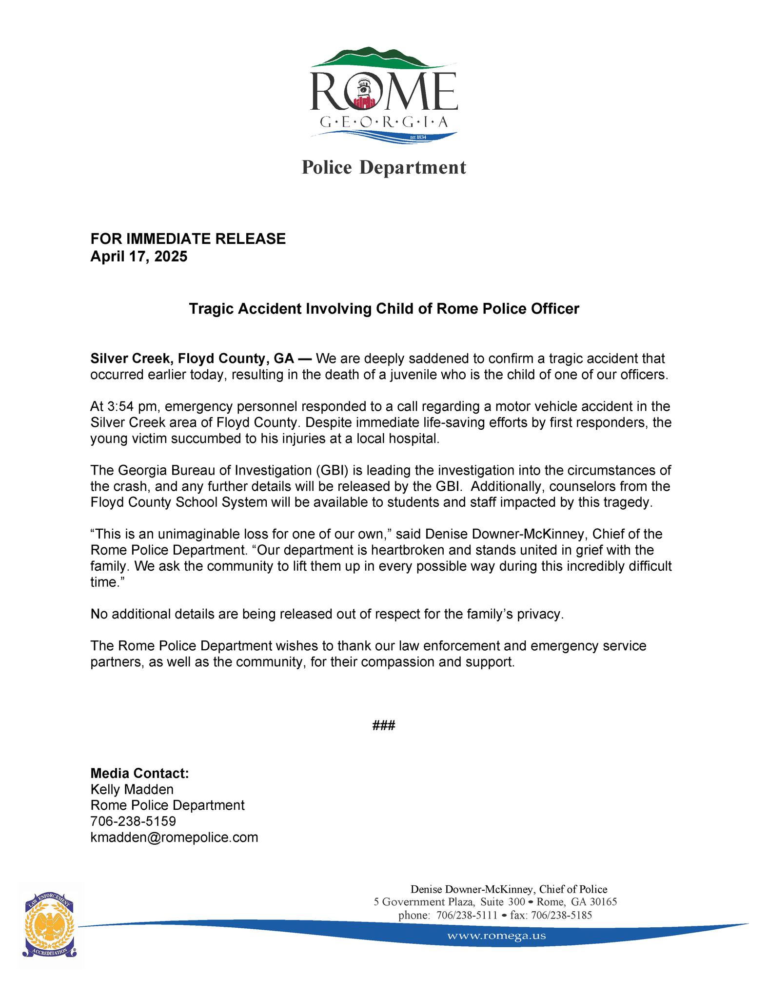 ROME POLICE: TRAGIC ACCIDENT INVOLVING CHILD OF OFFICER