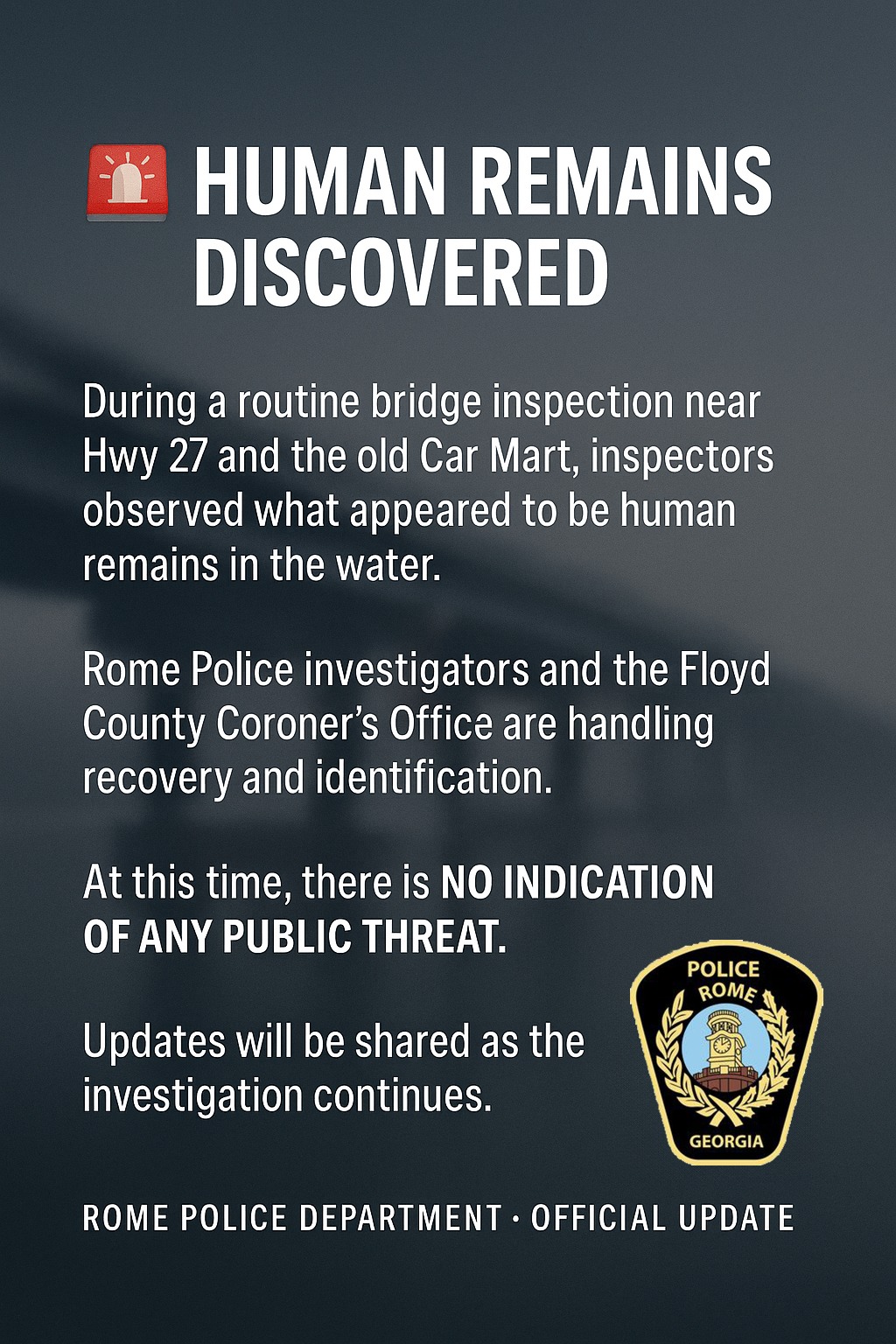 HUMAN REMAINS LOCATED NEAR BRIDGE IN ROME