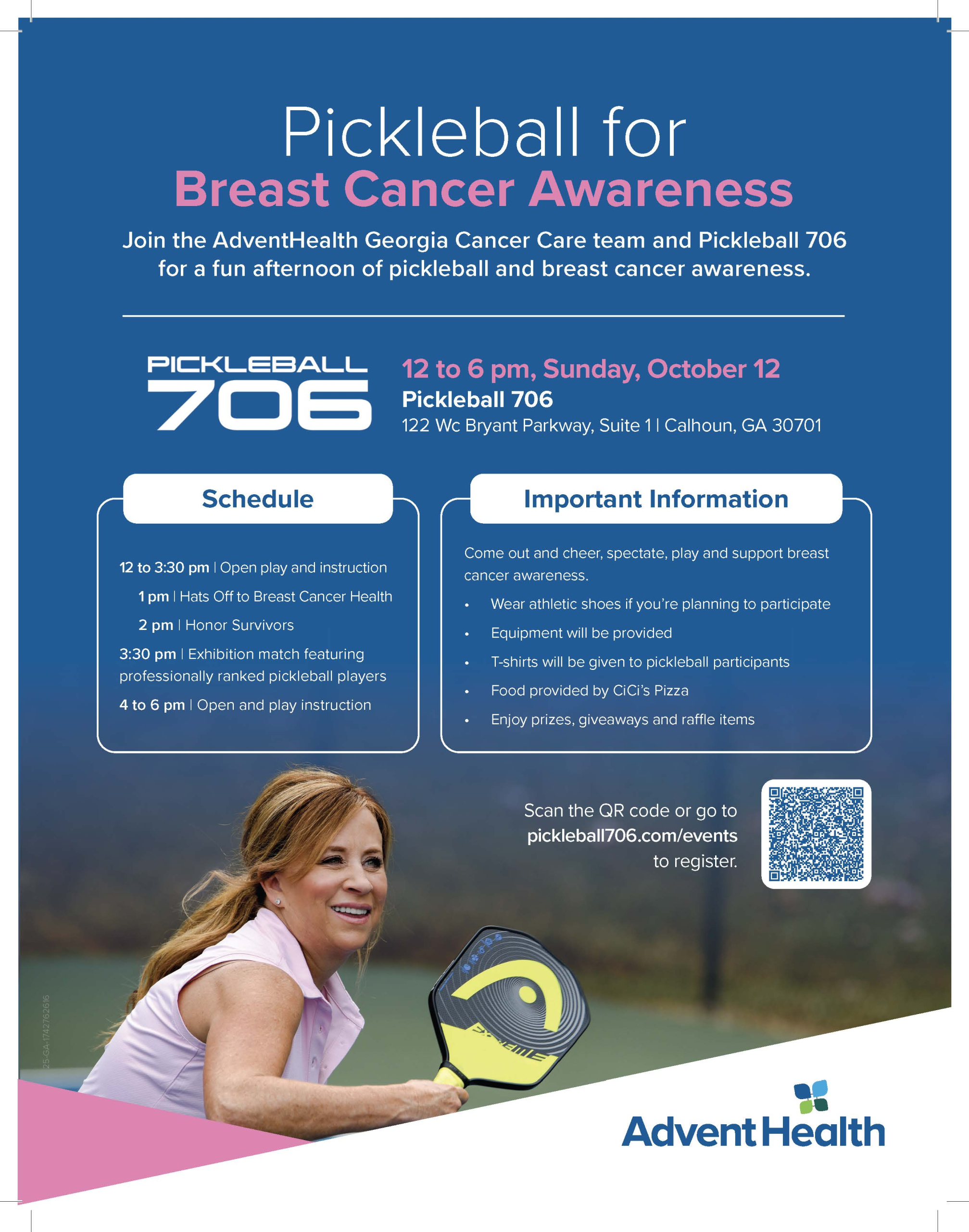 ADVENT HEALTH AND PICKLEBALL 706 TO HOST PICKLEBALL FOR BREAST CANCER AWARENESS