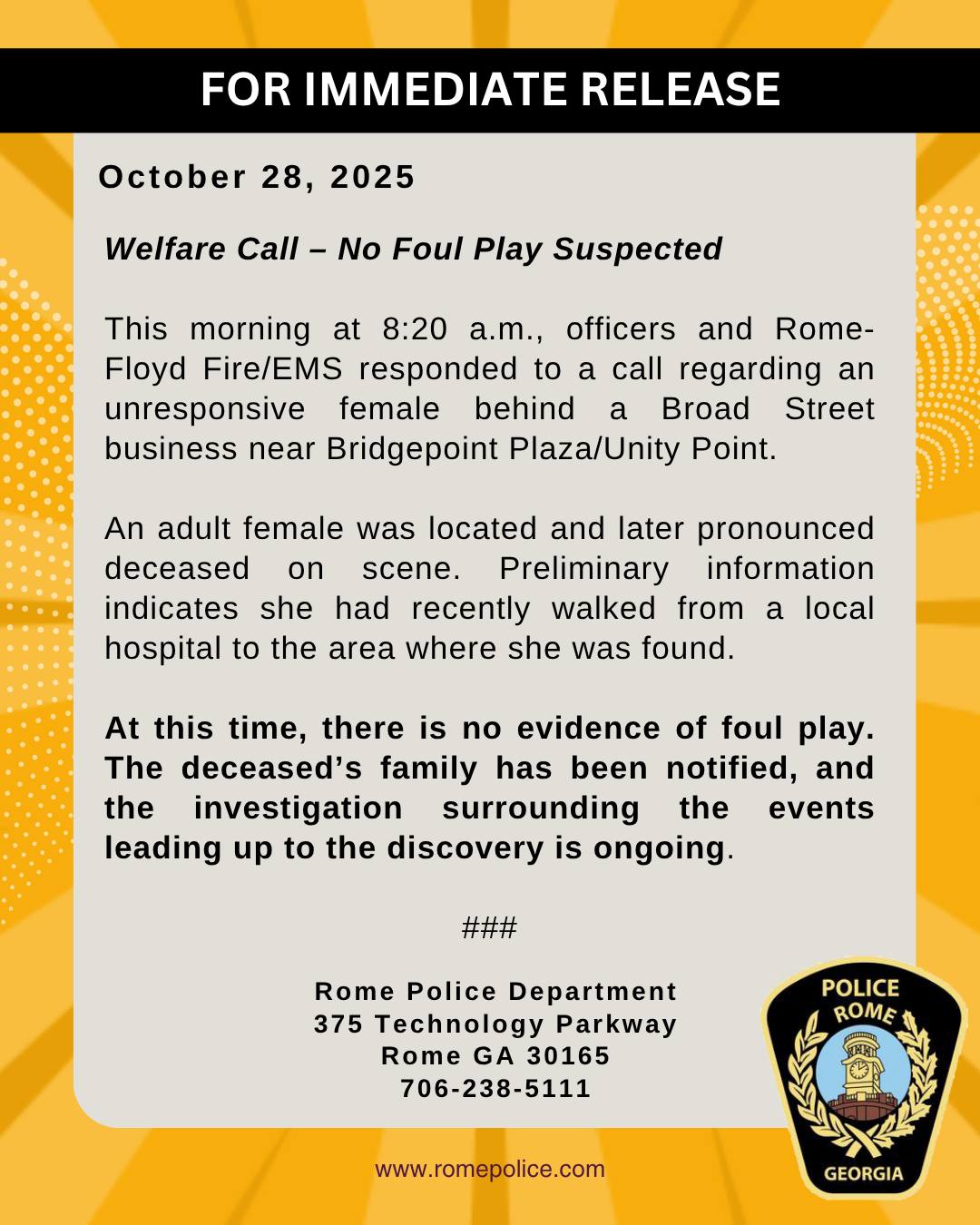 RPD: BODY FOUND NEAR BRIDGEPOINT PLAZA, NO EVIDENCE OF FOUL PLAY