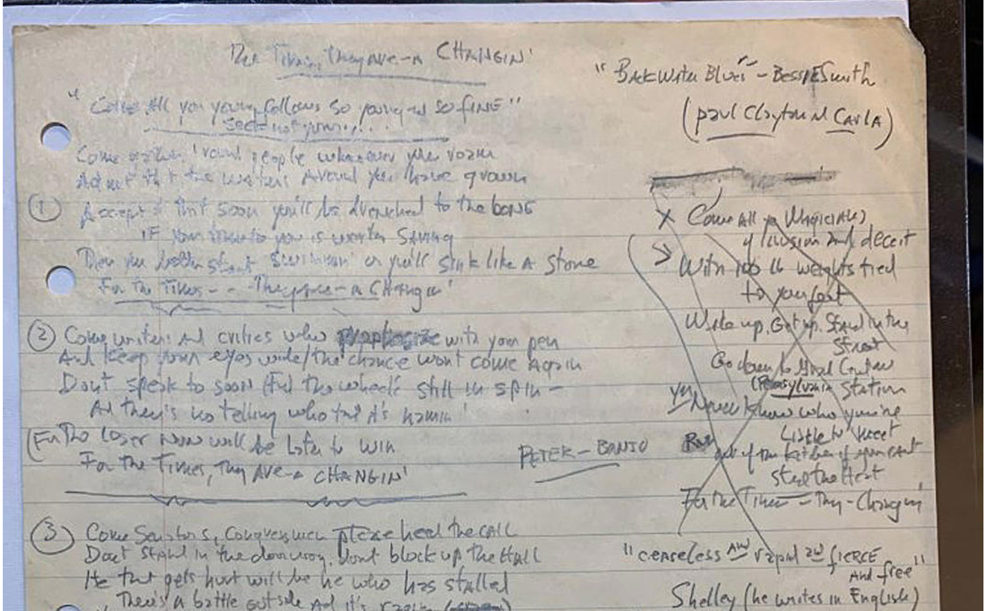 Bob Dylan’s Handwritten “The Times They Are A-Changin’’ Lyrics listed for $2.2M