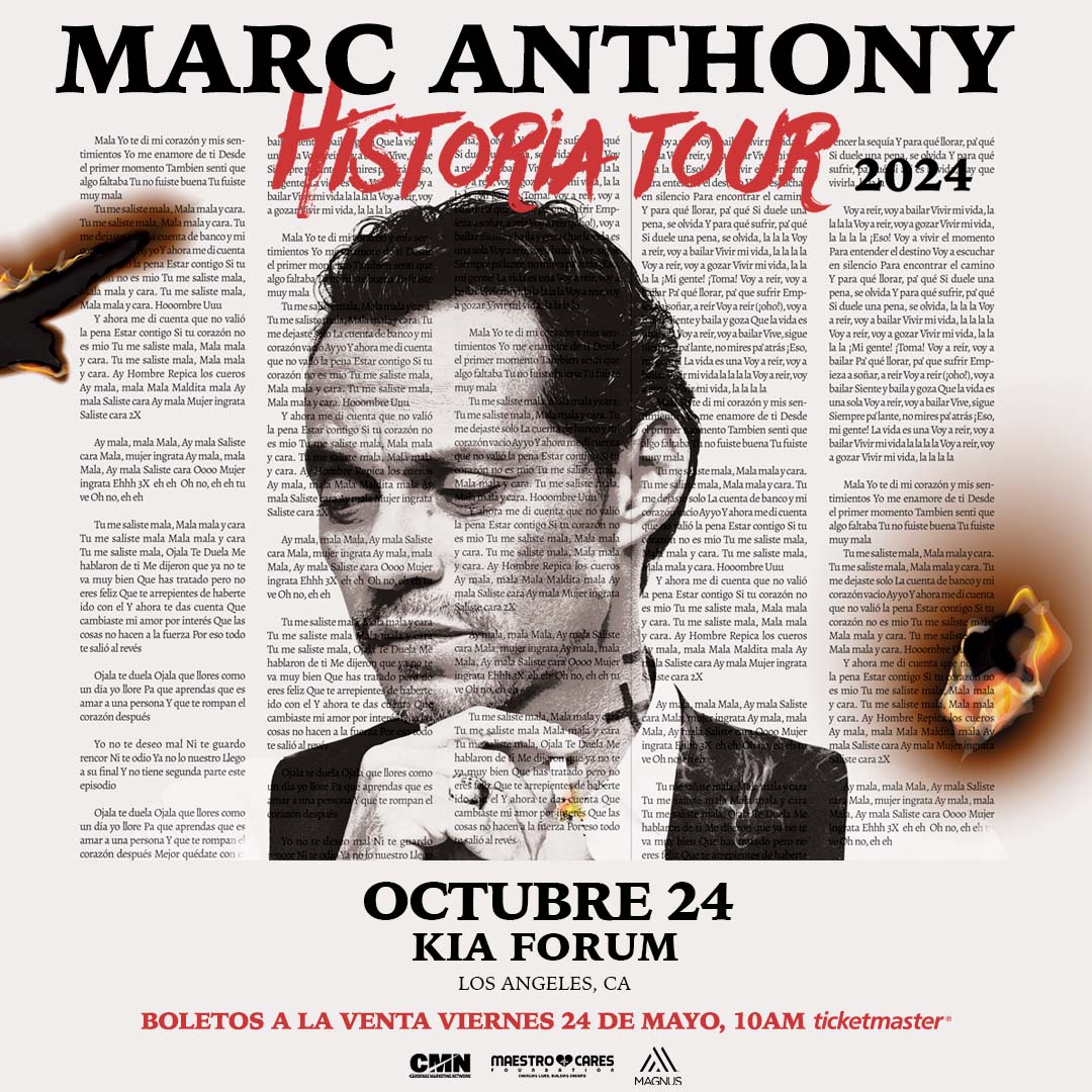 Marc Anthony en su “Historia Tour” el 24 de Octubre en el KIA Forum de Inglewood