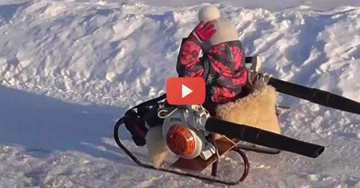Watch: Dad creates snowmobile from a sled and leaf blowers Watch: Dad creates snowmobile from a sled and leaf blowers
