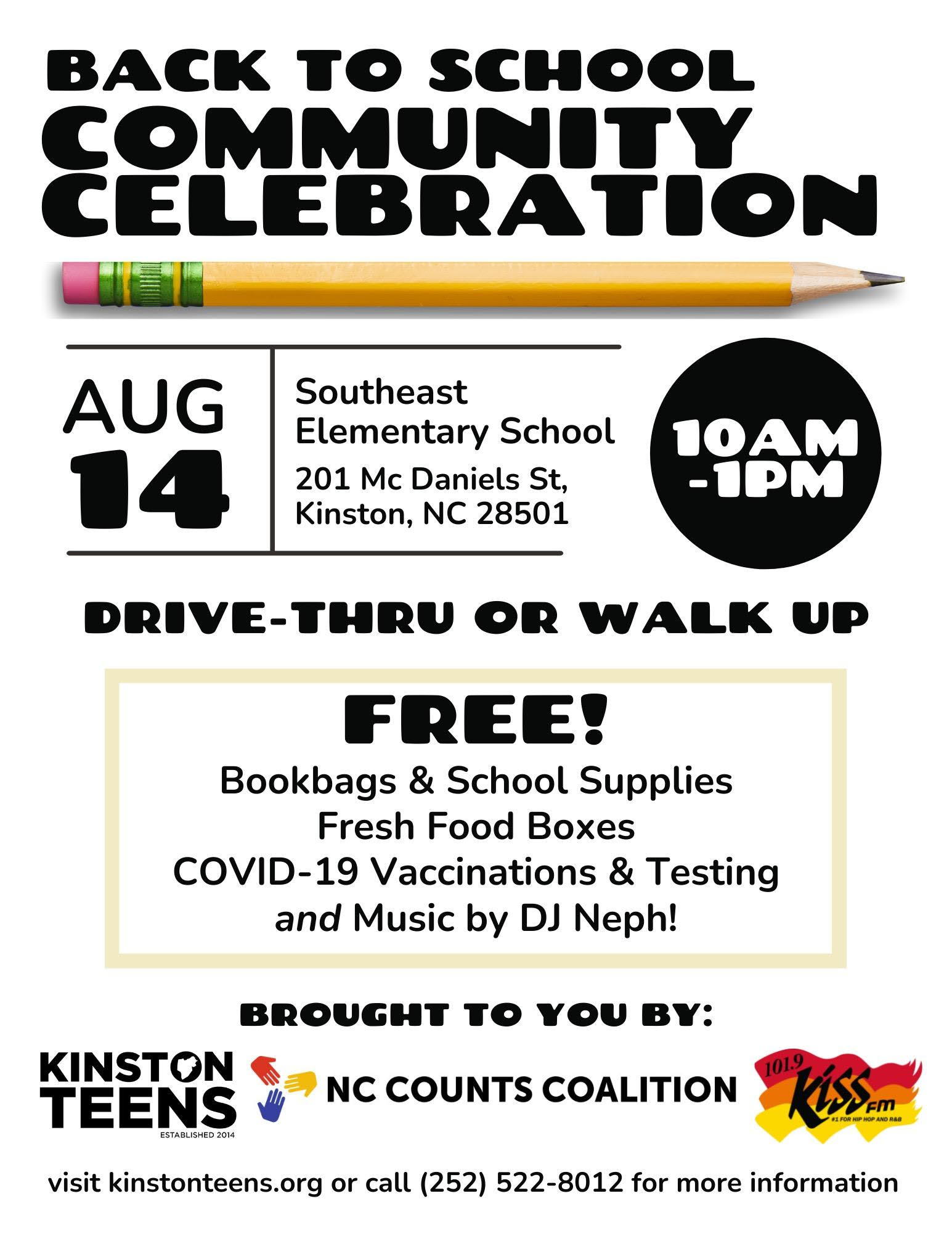 Back to School Community Celebration August 14 in Kinston at Southeast Elementary School