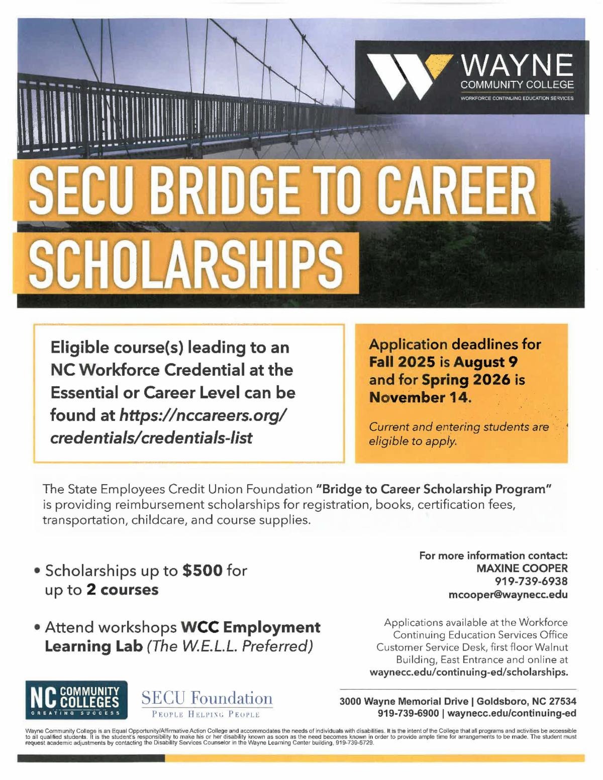 Wayne Community College Announces SECU Bridge to Career Scholarships for Fall 2025
