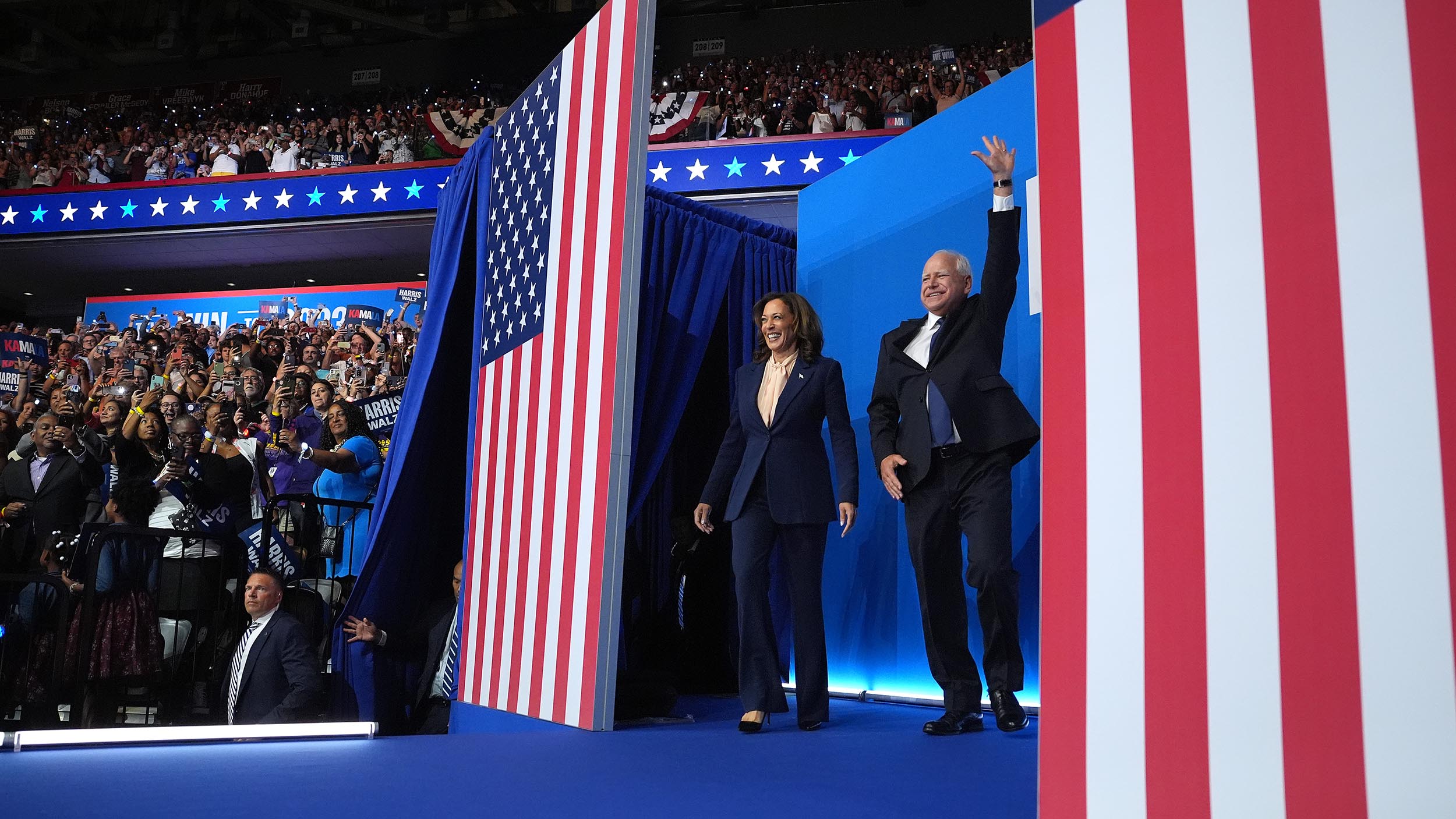 Harris and Walz say they’re ‘joyful warriors,’ narrowly miss tarmac confrontation with Vance