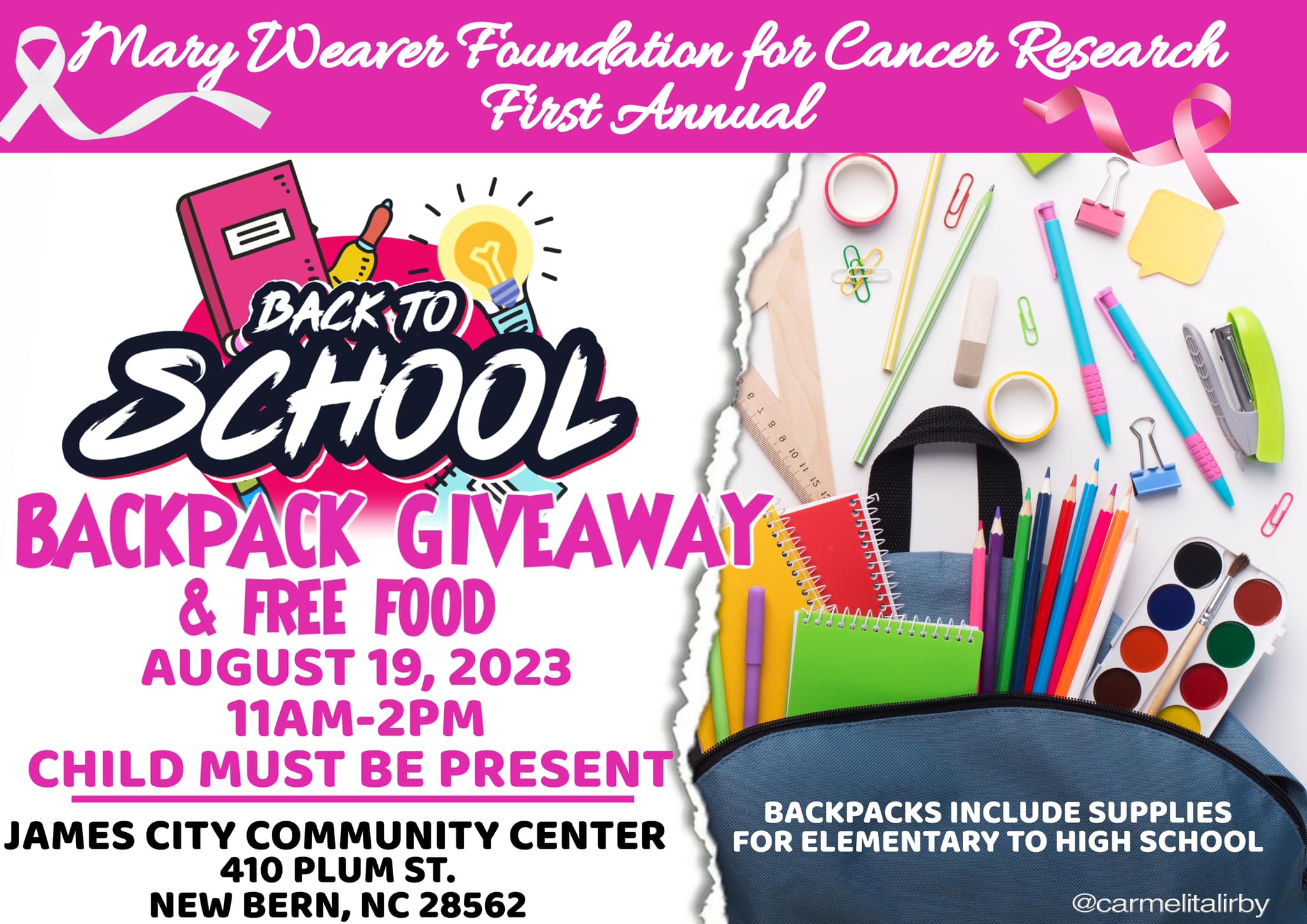 Mary Weaver Foundation for Cancer Research First Annual Back to School Backpack Giveaway
