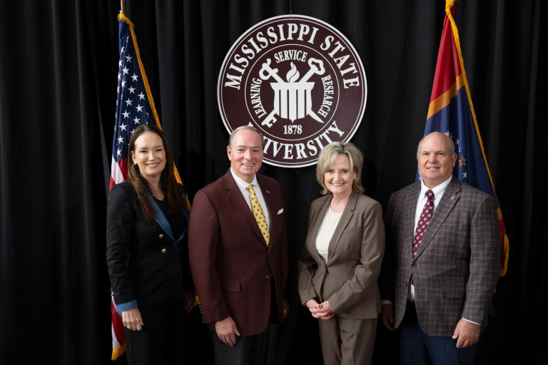 From left, U.S. Secretary of Agriculture Brooke Rollins, Mississippi State University President Mark E. Keenum, U.S. Sen. Cindy Hyde-Smith and Mississippi Farm Bureau Federation President Mike McCormick pictured today [Aug. 28] at MSU’s College of Veterinary Medicine following Rollins’ announcement of a Rural Veterinary Shortage Action Plan.