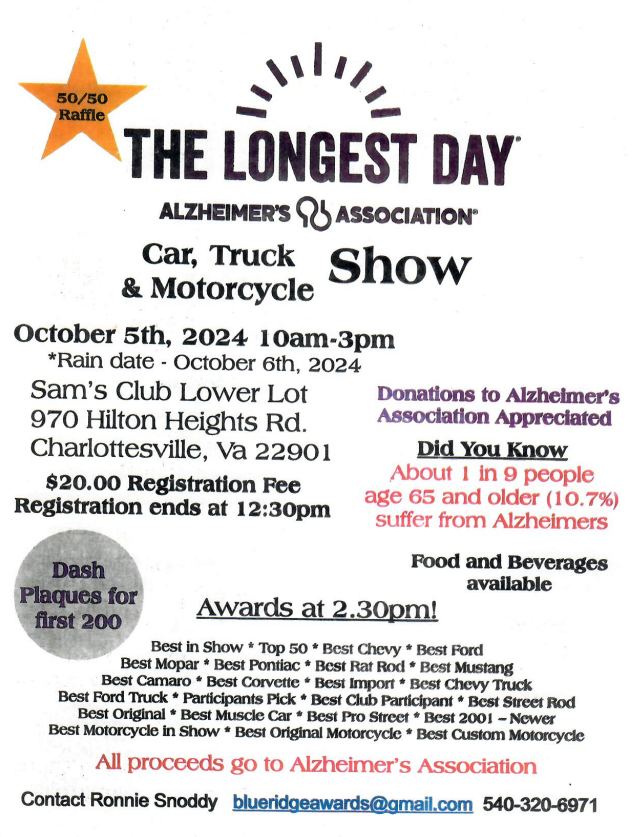 The Longest Day Alzheimer’s Association Car, Truck, and Motorcycle Show | Oct. 5th, 10am-3pm | Sam’s Club Lower Lot