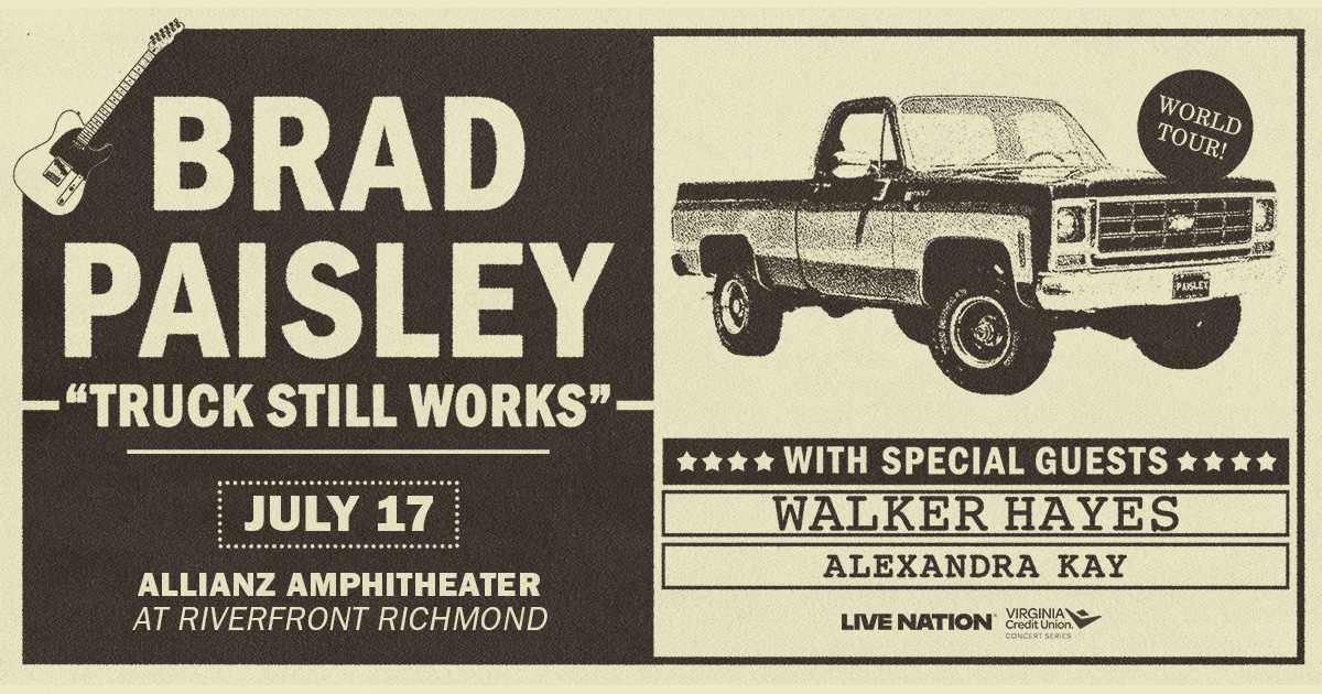 Brad Paisley’s Truck Still Works World Tour is coming to Allianz Amphitheater at Riverfront in Richmond on 7/17