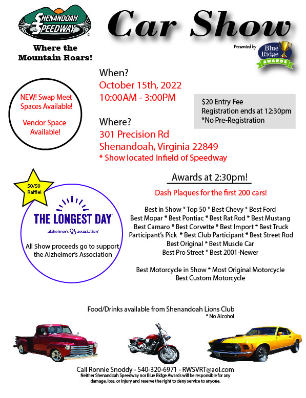 3rd Annual Shenandoah Speedway Car Show: Shenandoah, Virginia – 10/15/2022 10:00 am