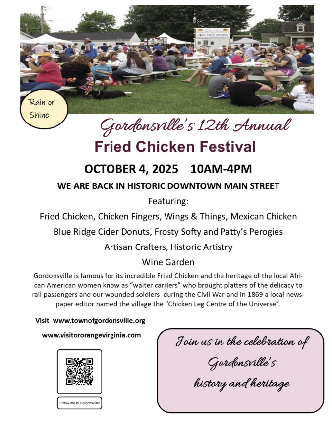 Gordonsville’s 12th Annual Fried Chicken Festival | Oct. 4th, 10am – 4pm | Historic Downtown Main Street