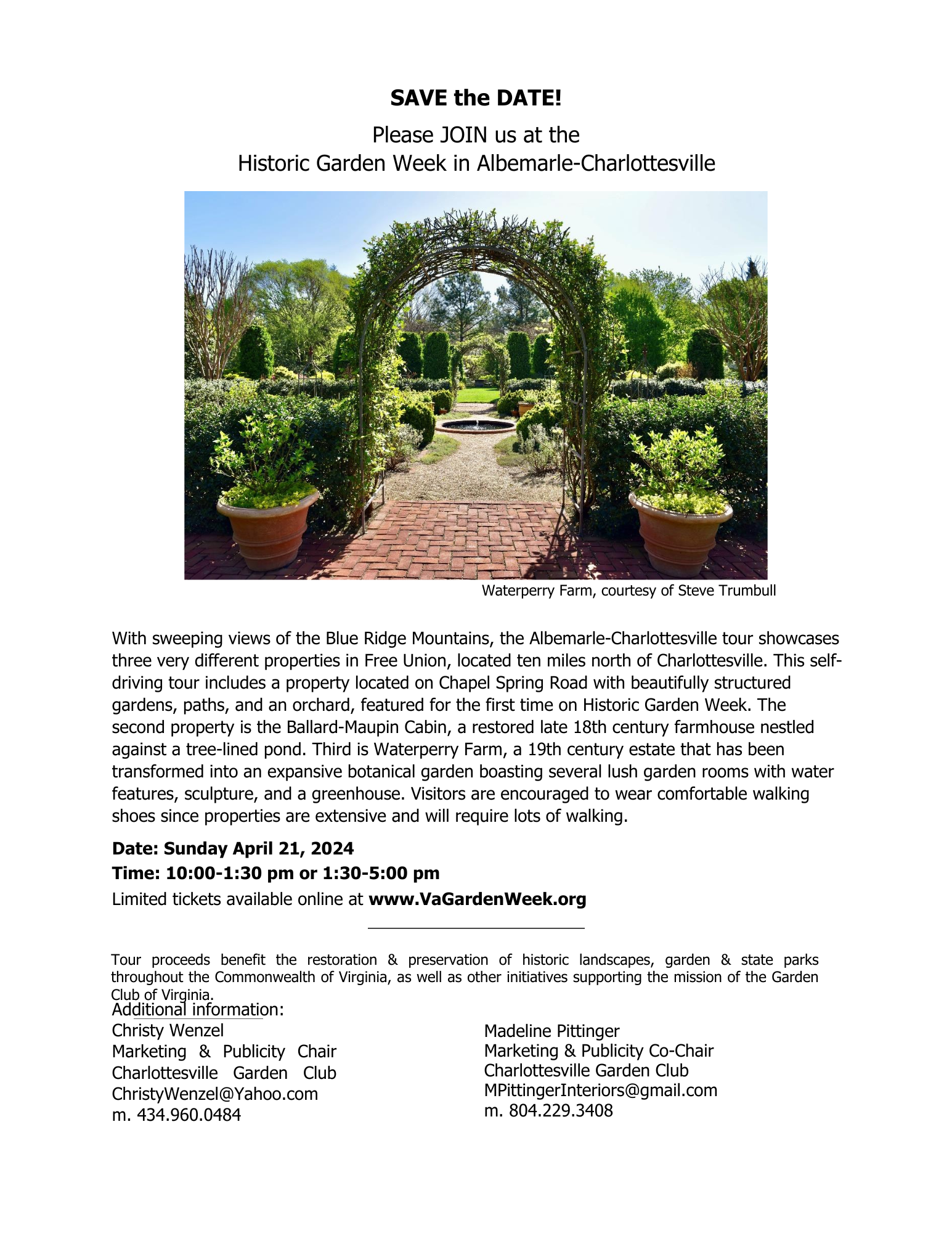 VA GARDEN WEEK- The Albemarle, Charlottesville and Rivanna Garden Clubs- Sunday April 21, 2024-10:00-1:30 pm or 1:30-5:00 pm