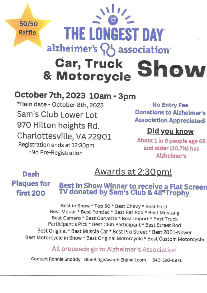 Davis Appliances, Alzheimer Association: CAR, TRUCK and MOTORCYCLE SHOW at Sam’s Club Lower Parking Lot October 7, 2023