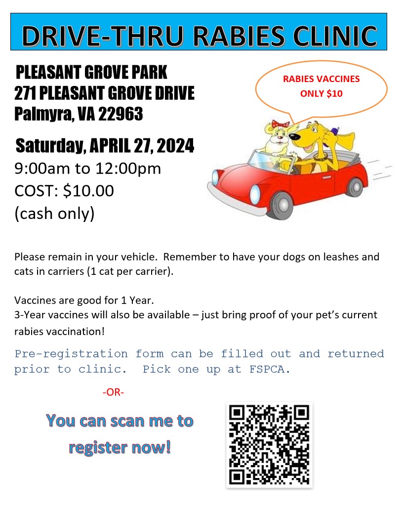 Drive Thru Rabies Clinic-Sat April 27-Pleasant Grove Park