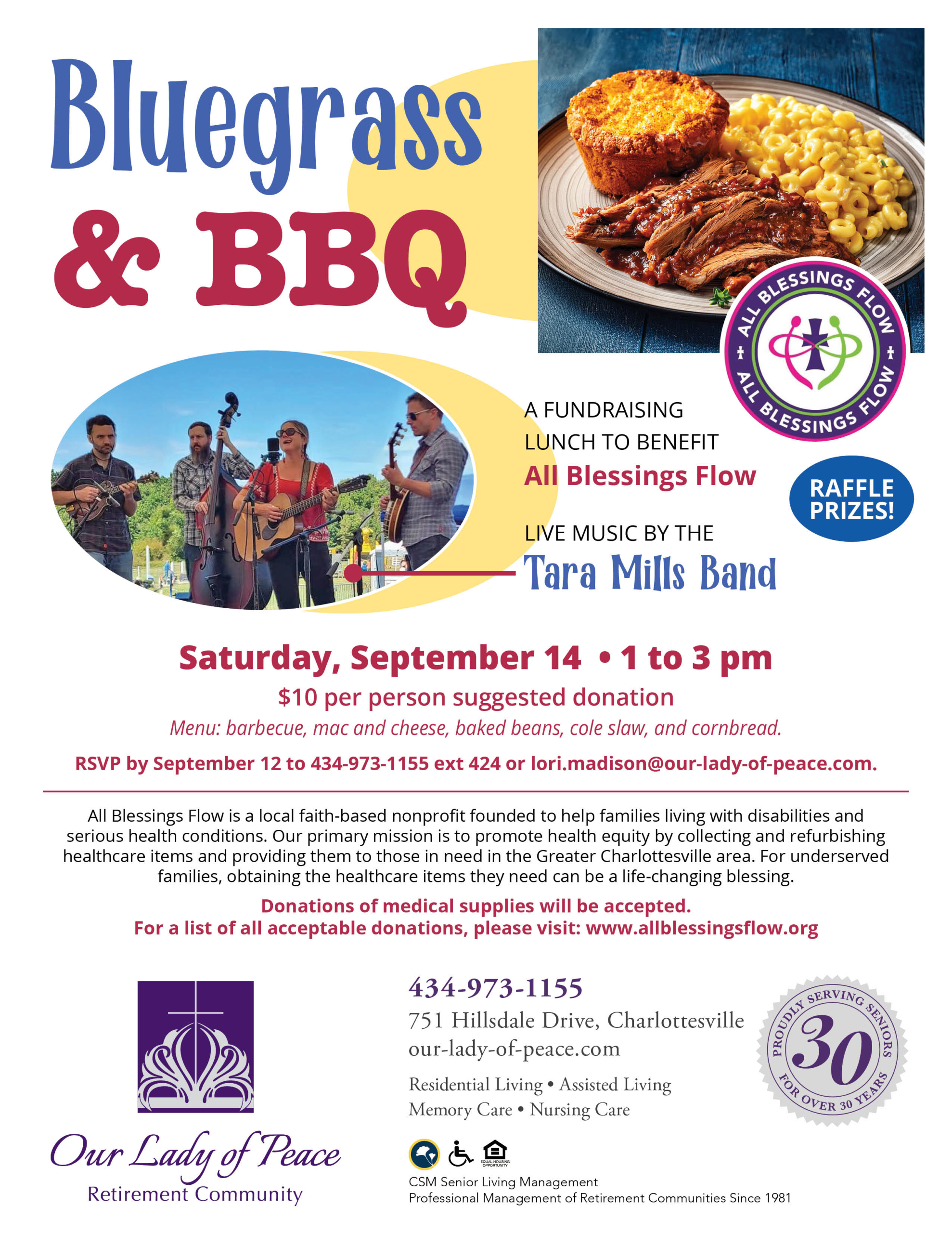 Bluegrass & BBQ Lunch to benefit All Blessings Flow | Sept. 14th, 1-3pm | Our Lady of Peace Retirement Community