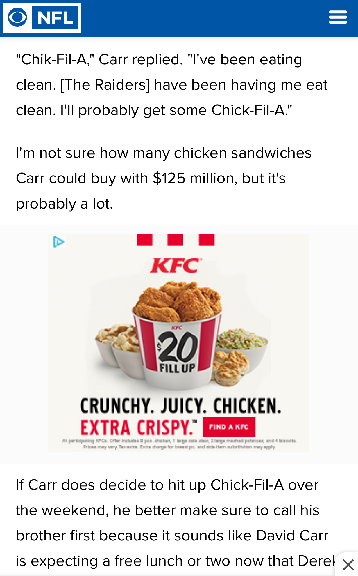 Derek Carr says he wants Chick-Fil-A, targeted ad says he needs KFC