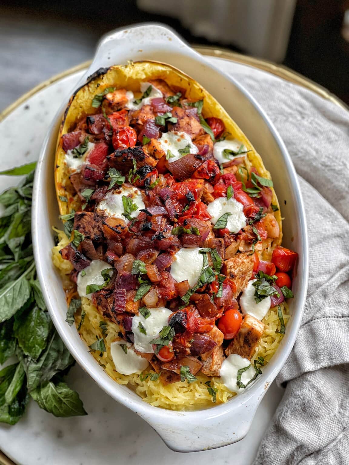 Creamy Spaghetti Squash with Roasted Chicken and Tomatoes