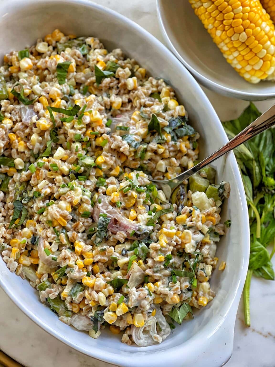 Creamy Corn and Asparagus Farro Salad
