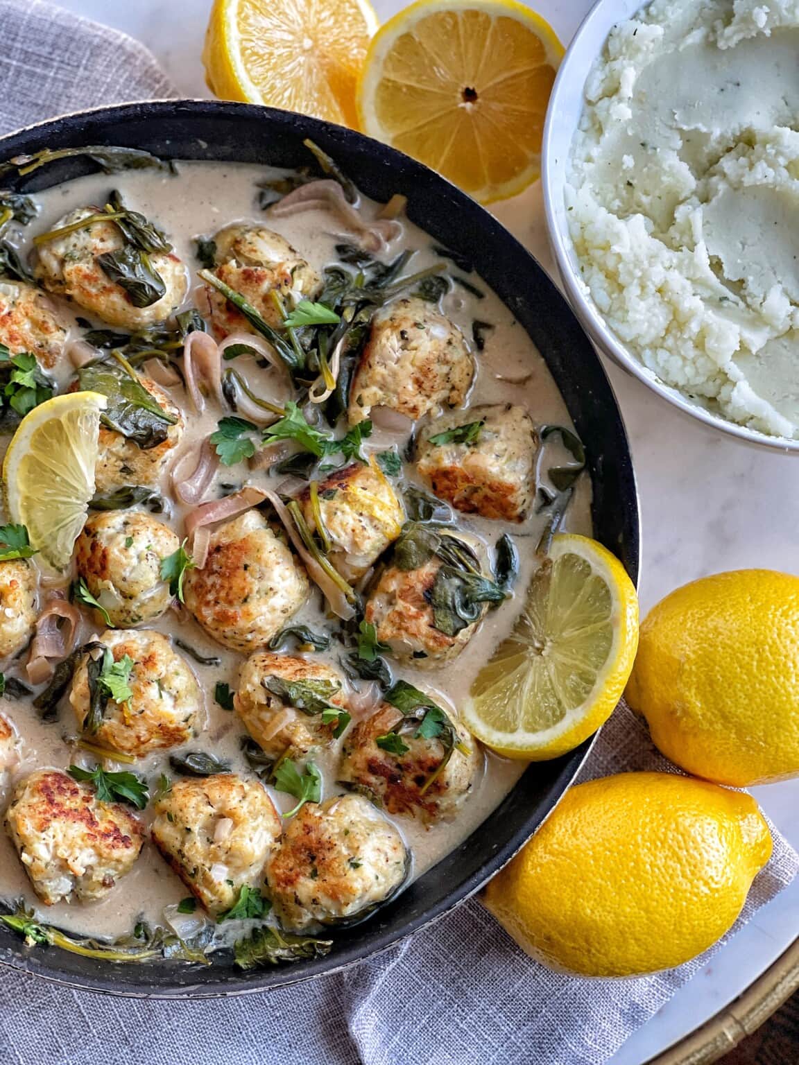 Skinny Florentine Chicken Meatballs in Pan Sauce