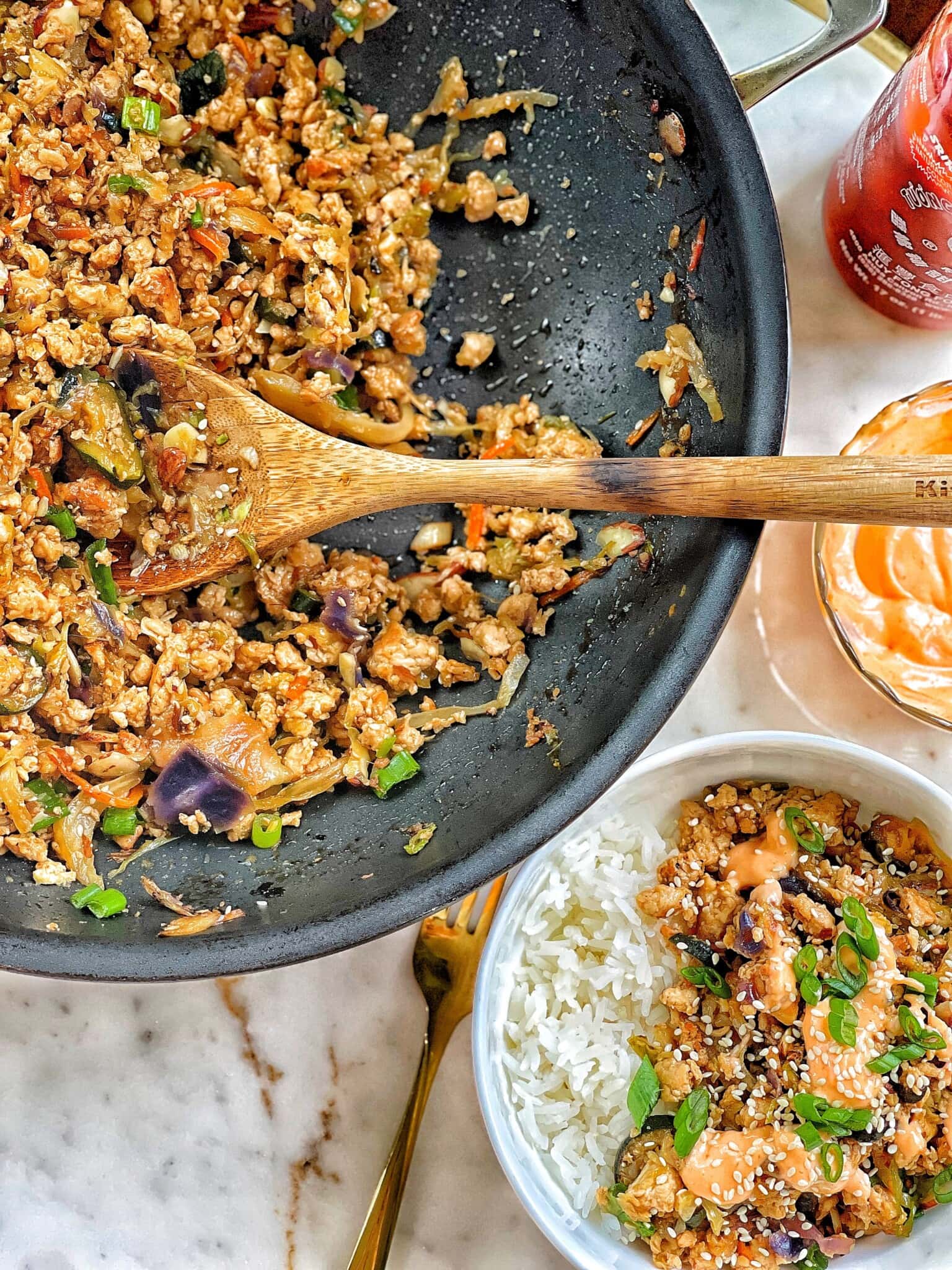 Teriyaki Ground Chicken Skillet with Spicy Mayo