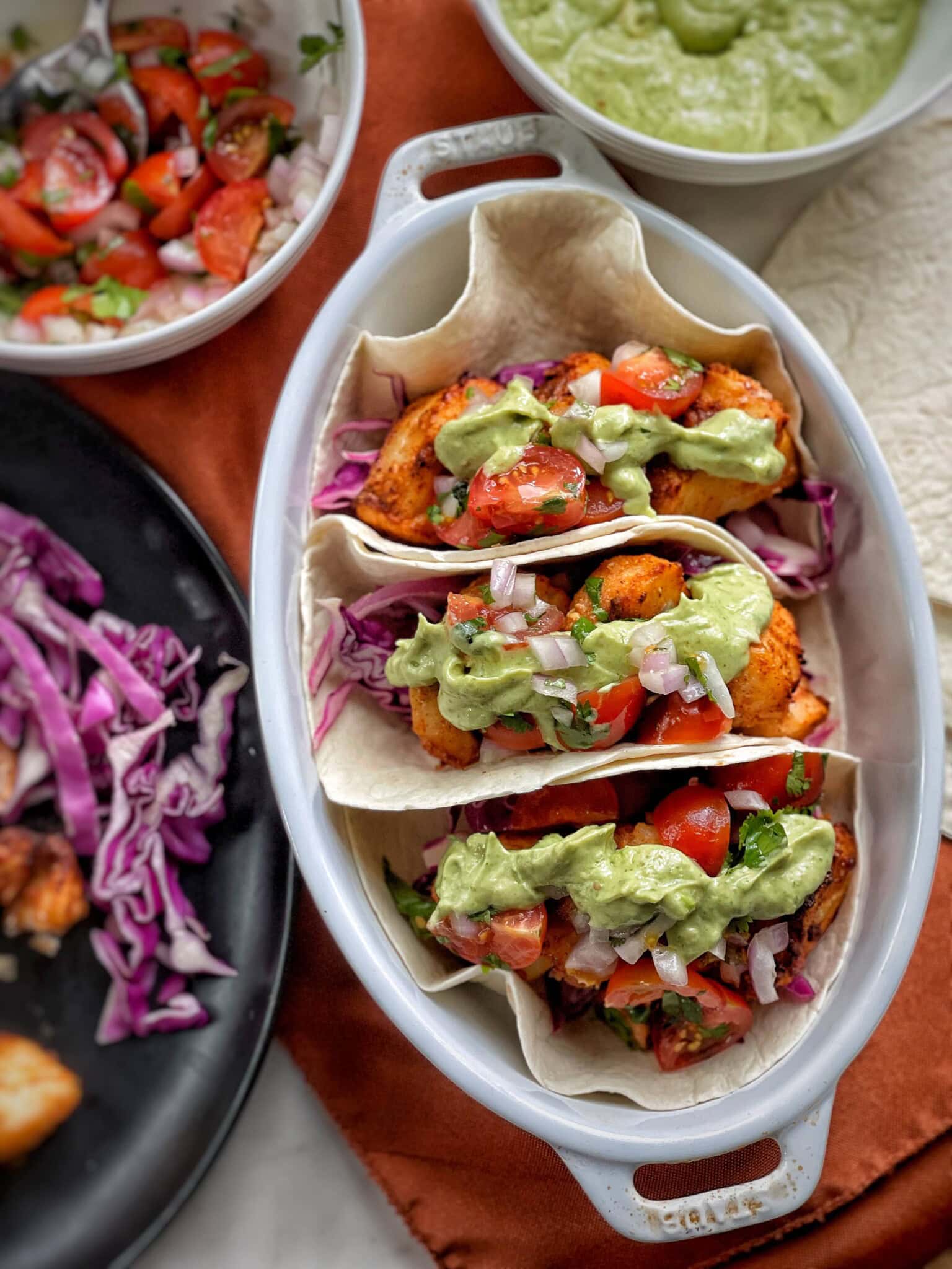 Light Air Fried Fish Tacos with Avocado Crema