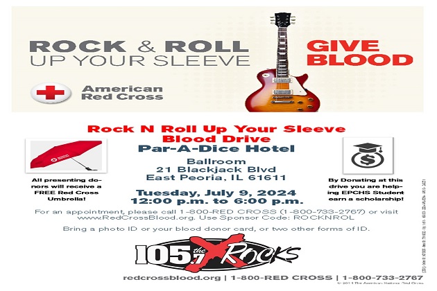 Give Blood July 9th At The Annual American Red Cross “Rock And Roll Up Your Sleeve” Blood Drive At The Par-A-Dice In East Peoria!