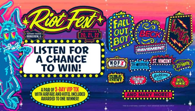 Listen for your chance to win a pair of 3-day VIP tickets to Riot Fest! Featuring Fall Out Boy, Beck, Pavement, Slayer, and many more!