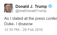 Trump disavows KKK on Twitter