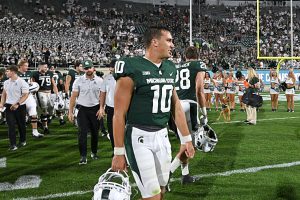 Michigan State Spartans quarterback Payton Thorne (10) walks off the field after throwing for four touchdowns and 233 yards in MSUÕs 35-13 defeat of Western Michigan University at Spartan Stadium. Photo: Dale Young/USA TODAY Sports