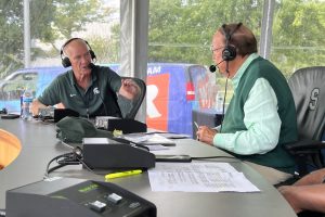 Michigan State Football play-by-play broadcasters George Blaha talks with 760 WJR’s Steve Courtney. Photo: Curtis Paul / WJR
