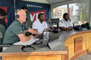 Playfly Sports General Manager Otis Wiley and Michigan State University Pre and Post Game Commentator Jehuu Caulcrick talk with 760 WJR’s Steve Courtney. Photo: Curtis Paul/WJR