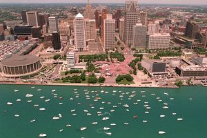 The skyline of Detroit with Hart Plaza in the foreground during the rally for the Red Wings when they won their second Stanley Cup in June 1998. Photo: Mary Schroeder, Detroit Free Press