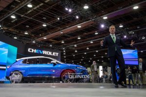 September 14, 2022 ~ Steve Majoros, vice president and director of Chevrolet marketing, speaks to media members during the 2022 North American International Auto Show in front of the 2024 Chevy Equinox, the first ever all-electric Equinox. Photo: David Rodriguez Munoz / USA TODAY NETWORK