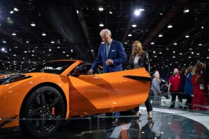 President Joe Biden talks with General Motors CEO Mary Barra while stepping inside of a 2023 Chevrolet Corvette Z06 during a tour of the show floor during the 2022 North American International Auto Show. Photo: Sarahbeth Maney / USA TODAY NETWORK