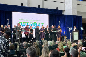 September 16, 2022 ~ 760 WJR’s Paul W. Smith looks on as Michigan Governor Gretchen Whitmer, Detroit Mayor Mike Duggan, and others select dignitaries cut the ceremonial ribbon to officially open the 2022 North American International Detroit Auto Show. Photo: Jonah Philips / WJR