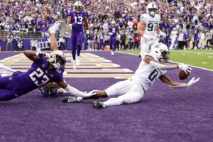 September 17, 2022 ~ Michigan State Spartans wide receiver Keon Coleman (0) catches a touchdown pass against the Washington Huskies during the second quarter at Husky Stadium. Photo: Joe Nicholson-USA TODAY Sports