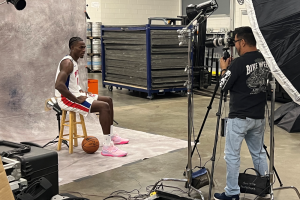 September 26, 2022 ~ Detroit Pistons center Jalen Duren works poses for photojournalists during Detroit Pistons media day. Photo: Curtis Paul / WJR