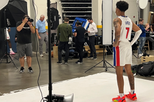 September 26, 2022 ~ Detroit Pistons point guard Killian Hayes poses for photojournalists during Detroit Pistons media day. Photo: Curtis Paul / WJR