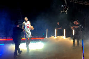 September 26, 2022 ~ Detroit Pistons forward Isaiah Livers works with Bally Sports Detroit producers media during Detroit Pistons media day. Photo: Curtis Paul / WJR