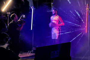 September 26, 2022 ~ Detroit Pistons forward Isaiah Livers works with Bally Sports Detroit producers media during Detroit Pistons media day. Photo: Curtis Paul / WJR