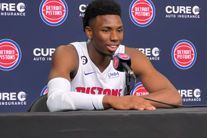 September 26, 2022 ~ Detroit Pistons shooting guard Hamidou Diallo speaks with members of the media during Detroit Pistons media day. Photo: Curtis Paul / WJR