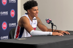 September 26, 2022 ~ Detroit Pistons point guard Killian Hayes speaks with members of the media during Detroit Pistons media day. Photo: Curtis Paul / WJR