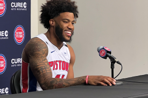 September 26, 2022 ~ Detroit Pistons small forward Saddiq Bey speaks with members of the media during Detroit Pistons media day. Photo: Curtis Paul / WJR