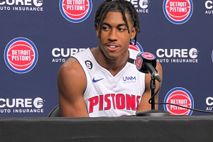 September 26, 2022 ~ Detroit Pistons point guard Jayden Ivey speaks with members of the media during Detroit Pistons media day. Photo: Curtis Paul / WJR