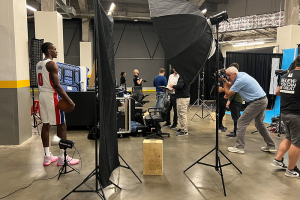 September 26, 2022 ~ Detroit Pistons center Jalen Duren works poses for photojournalists during Detroit Pistons media day. Photo: Curtis Paul / WJR