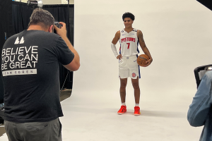 September 26, 2022 ~ Detroit Pistons point guard Killian Hayes poses for photojournalists during Detroit Pistons media day. Photo: Curtis Paul / WJR