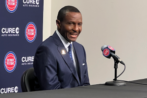 September 26, 2022 ~ Detroit Pistons Head Coach Dwane Casey speaks with members of the media during Detroit Pistons media day. Photo: Curtis Paul / WJR