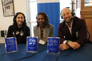 September 27, 2022 ~ Eaton Senior Commercial Coordinator Christina Toma, “Clearly Female” Founder Dr. Kristin Barnes-Holiday, and The Remington Group Chief Operating Officer Justin Remington stand with 760 WJR's Guy Gordon at The Statler. Photo: Sean Boeberitz / 760 WJR